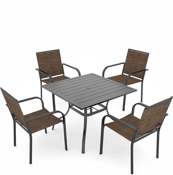 Anmutig 5 Piece Patio Dining Set, Outdoor Stackable Chairs and 35" Square Metal Patio Table with 1.57" Umbrella Hole for Garden Backyard Deck, Brown