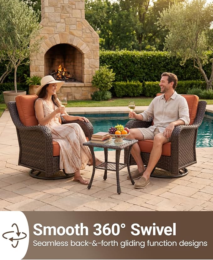 5 Pieces Outdoor Furniture Set with 6-inch Cushions, High Back Wicker Swivel Rocker Chairs with Coffee Table, Luxury Conversation Set for Deck Patio and Poolside
