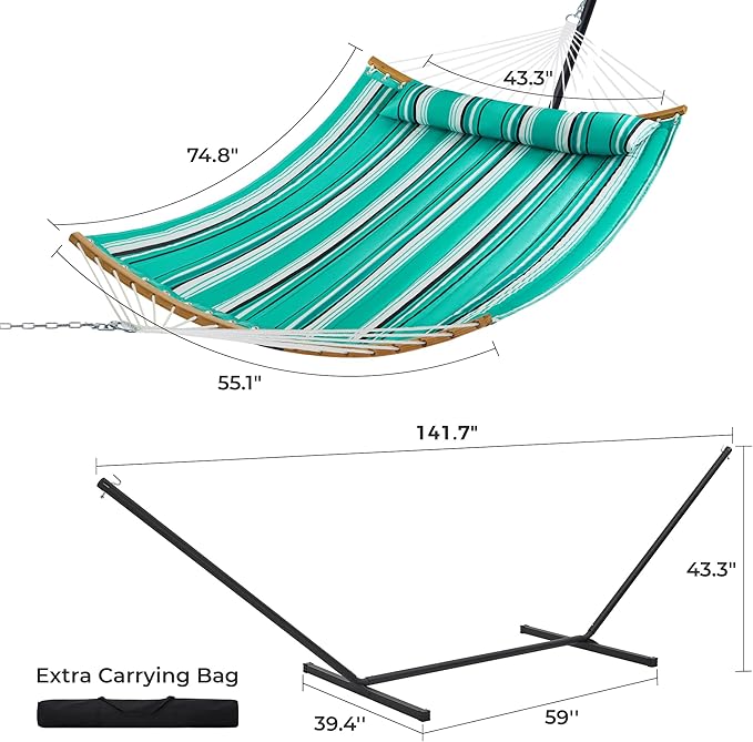 SUPERJARE Hammock with Stand, 2 Person Heavy Duty Hammock with Padded Cotton, Detachable Pillow & Strong Curved-Bar & Portable Carrying Bag, Perfect for Outdoor & Indoor, Mint Green with Stripes