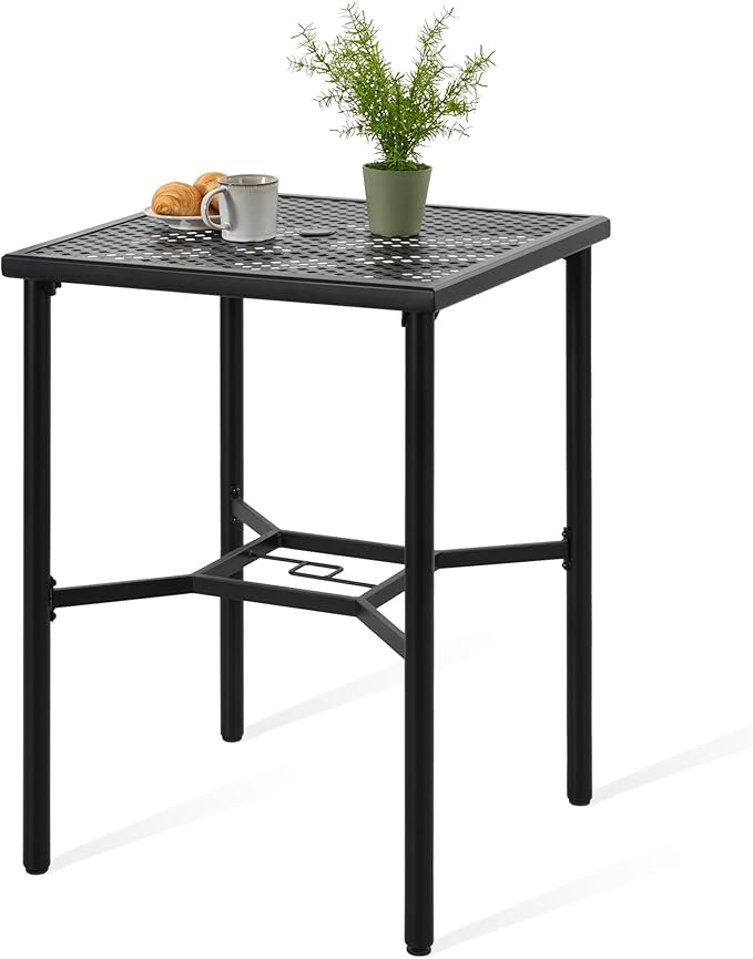 NUU GARDEN Outdoor Height Bar Table, 28" Square Patio Bistro Table with 1.57" Umbrella Hole and Mesh Metal Tabletop, Powder-Coated Metal Outside Furniture for Garden Lawn Poolside, Black with Gold