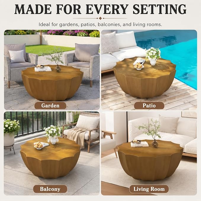 35.43" Concrete Outdoor Table,Modern Round Stone Coffee Table,Waterproof Outdoor Coffee Table for Patio for Terraces, Gardens, Backyards and Living Rooms (Natural, 35.43")