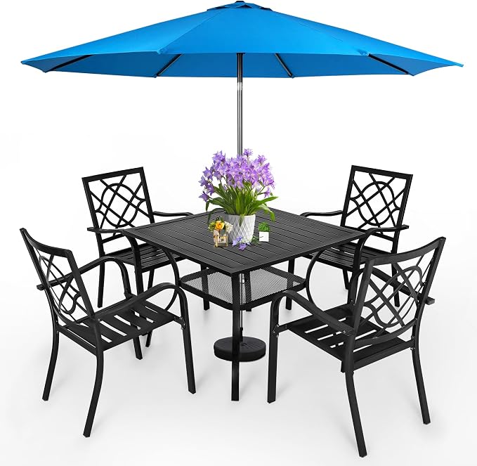 Incbruce 5 Piece Outdoor Dining Set Wrought Iron Patio Dining Set with Sky Blue Umbrella, Dining Furniture Set (4 Dining Chairs and 1 Square Table with 1.57" Umbrella Hole) - Metal Tabletop