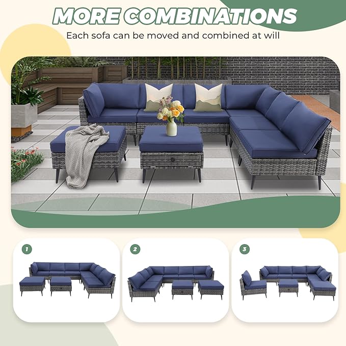 LVUYOYO 8 Pieces Outdoor Patio Furniture Set, Wicker Sectional Sofa Set for All-Weather, Rattan Conversation Sets with Cushions and Storage for Deck, Backyard, Porch (Grey)