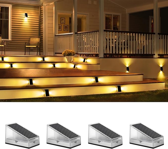 Solar Stair Lights IP65 Solar Step Light for Outdoor Stairs Waterproof for Rain Snow Lights for Patio Garden Porch Deck Front Step (Warm-4Pack)