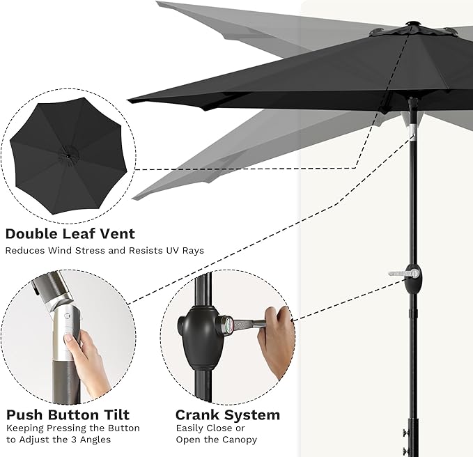 Greesum Outdoor Patio Umbrella with Base, Table Umbrella with 8 Sturdy Ribs, Push Button Tilt and Crank, Market Table Parasol for Garden, Lawn, Backyard & Pool, Black
