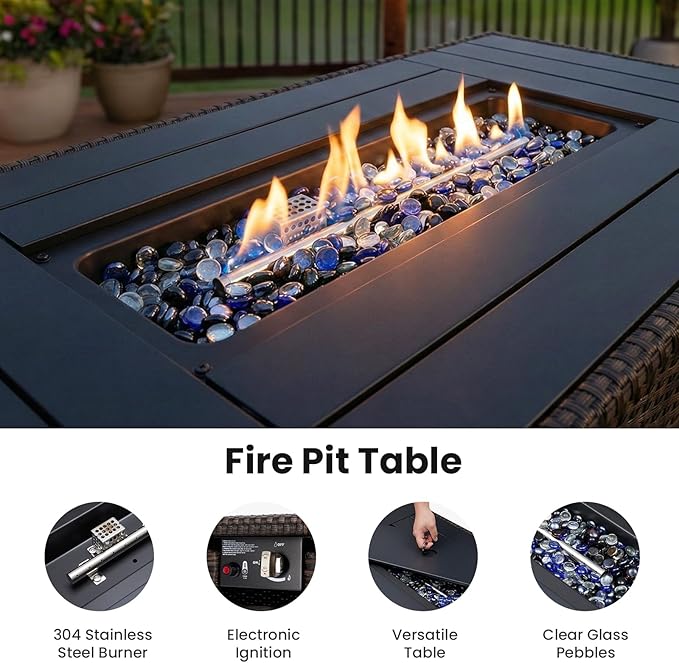 Soohow 7-Piece Patio Furniture Set with 44" Fire Pit Table, Outdoor Sectional Wicker Rattan Conversation Set for Garden, Porch, Backyard - Grey Cushions