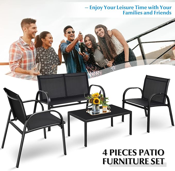 DORTALA 4 Piece Outdoor Furniture Set, Patio Conversation Set with Loveseat, 2 Single Chairs, Patio Sofa Garden Sofa Set with Steel Frame, Ideal for Balcony,Poolside, Black