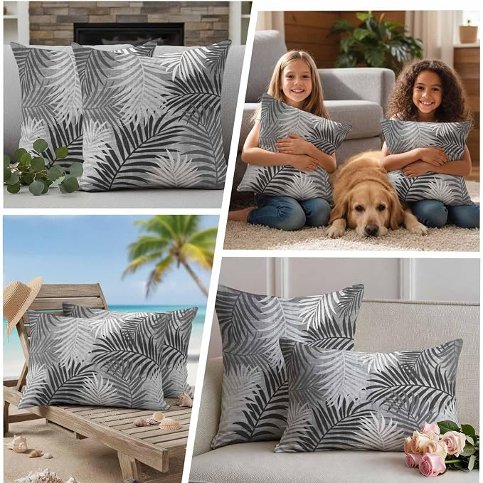 Gray Palm Leaves Waterproof Outdoor Pillow Covers Set of 2 Home Decor, Summer Tropical Leaf Plant Pillowcase Patio Pillow Covers for Couch Bench Patio Furniture Garden 26x26in