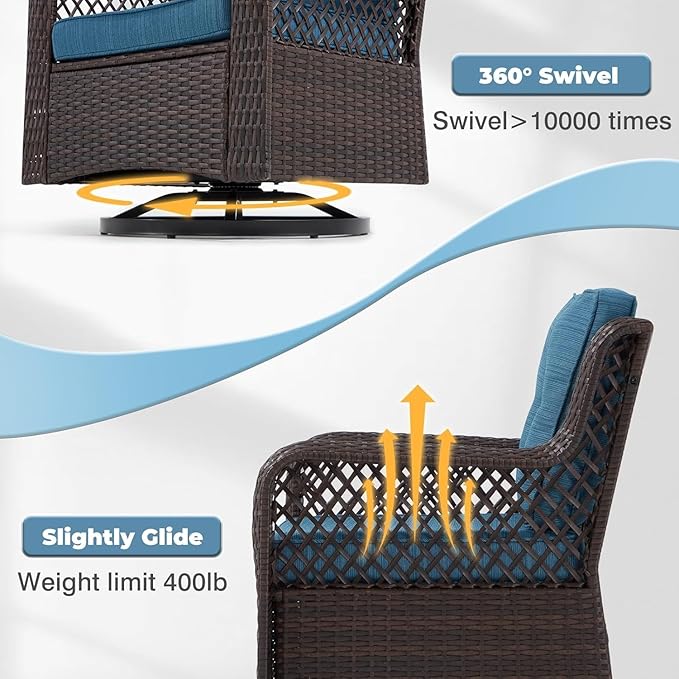 6 Pieces Wicker Patio Furniture Set Conversations Sets, 2 Outdoor 360° Swivel Chairs, Patio Swivel Chair with Table and Ottoman for Garden, Poolside, Backyard (Peacock Blue)