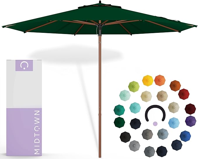 Midtown Umbrellas The Wooden 9 Feet Patio Umbrella With Sunbrella Forest Green Acrylic Fabric - Aluminum Frame Market Umbrella For Backyard, Deck, Garden, Pool - Wooden Pole