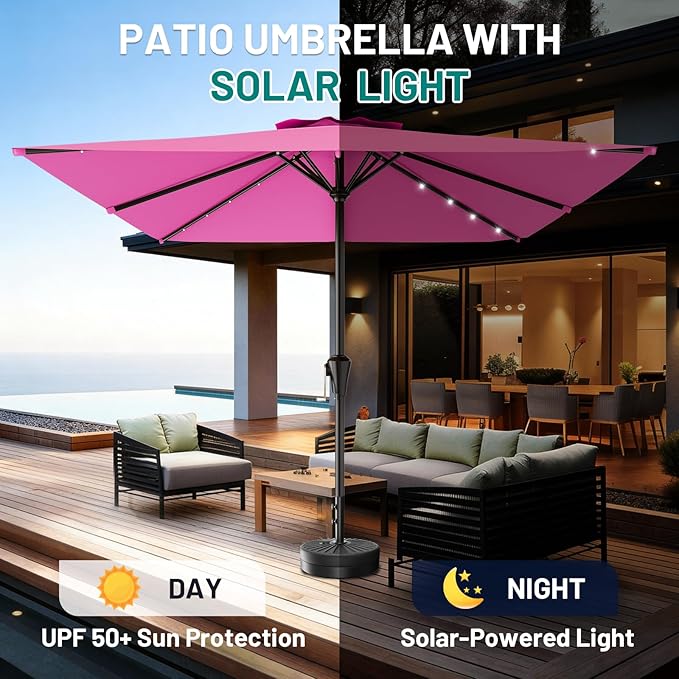 AreShark 8' X 10' Rectangular Patio Umbrella with Solar Lights, Lighted Solar Umbrella with Crank, Outdoor Table Umbrella for Garden, Deck, Backyard, Pool and Beach, Rose Pink