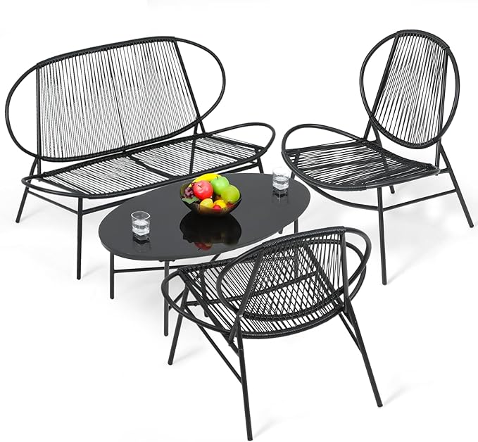 Magshion 4-Piece Outdoor Patio Furniture, All-Weather PE Rattan Wicker Loveseat and Chairs Conversation Set with Steel Coffee Table for Garden Backyard