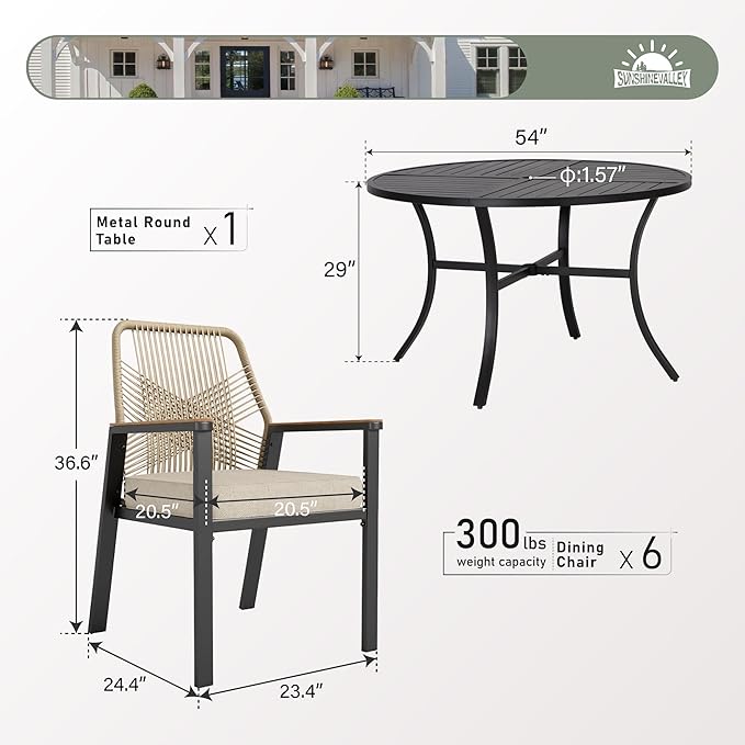 SUNSHINE VALLEY 7 Pieces Patio Dining Set, 6 x Woven Rattan Chairs with Waterproof Cushion, 54” Metal Round Dining Table with Umbrella Hole, Outdoor Table and Chairs Set for Backyard Lawn and Deck