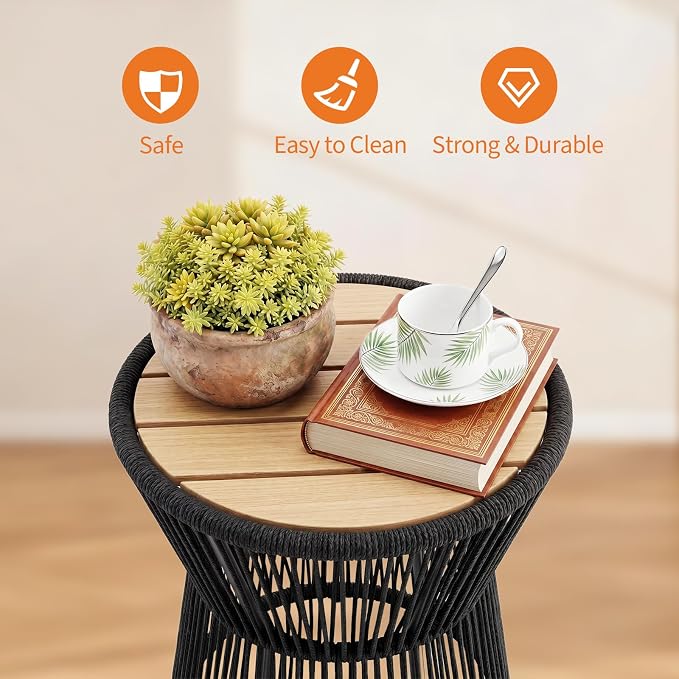 Garvee Outdoor Small Side Table, 20’’ h Patio Rattan End Table with Wood Top Round Coffee Table for Living Room Outdoor Patio Backyard Poolside
