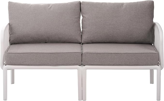 Christopher Knight Home Landon 5 Pieces Patio Conversation Set, 3 Seater Sofa with Coffee Table, Couch and Club Chair, Thick Cushion Armchair, Outdoor Conversation Set for Gathering, White+Light Gray