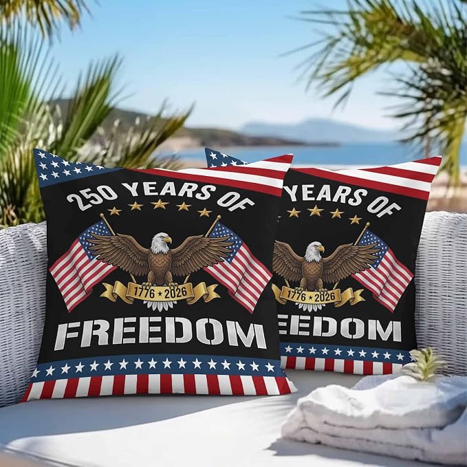 250 Years Anniversary Outdoor Waterproof Throw Pillow Covers 24x24 Set of 2, American Flag Eagle Independence Day Decor Pillowcases Cushion Pillowcase for Couch Sofa Patio Outside Pillow Protector
