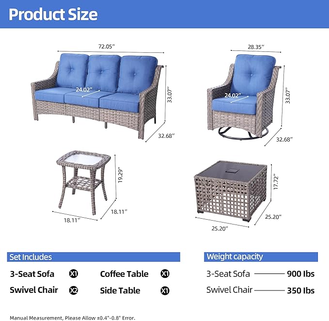 HOOOWOOO Patio Furniture Set,5 Pieces Wicker Outdoor Furniture,High Back Conversation Set with All Weather Resistant Solar Light Table Couch Swivel Chairs,Diamond Blue