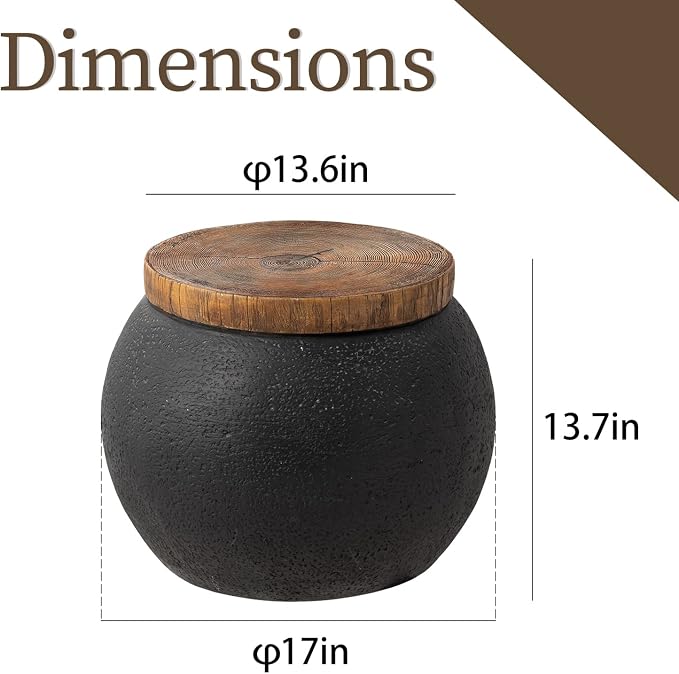 COSIEST Outdoor Side Table,Black Drum Outdoor End Tables,17" Concrete Patio Side Table for Outside Faux-Wood Top Accent Side Table Stool for Livingroom,Bedroom,Garden