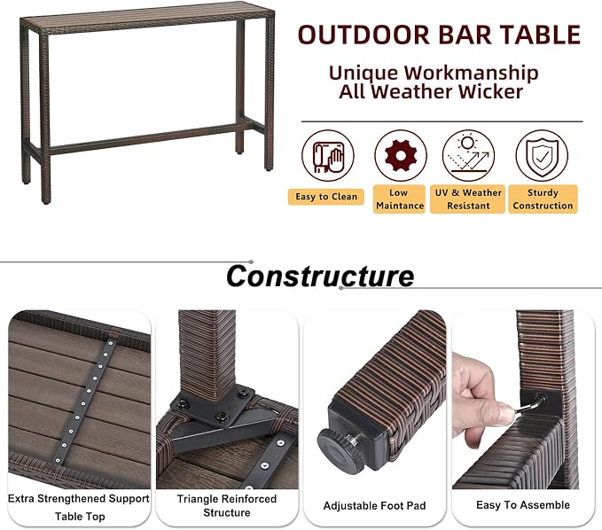 Outdoor Bar Table Patio Bar Height 55" Long Outdoor Console Table Hot Tub Tall Wicker High Top Pub Serving Table Narrow Sofa Sideboard Table Brown