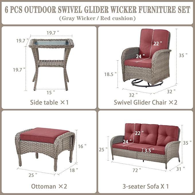 Belord 6 Pieces Wicker Patio Furniture Set - Swivel Rocker Outdoor Chairs with Outdoor Couch and Side Table, All-Weather Patio Conversation Set for Sunroom Backyard Deck
