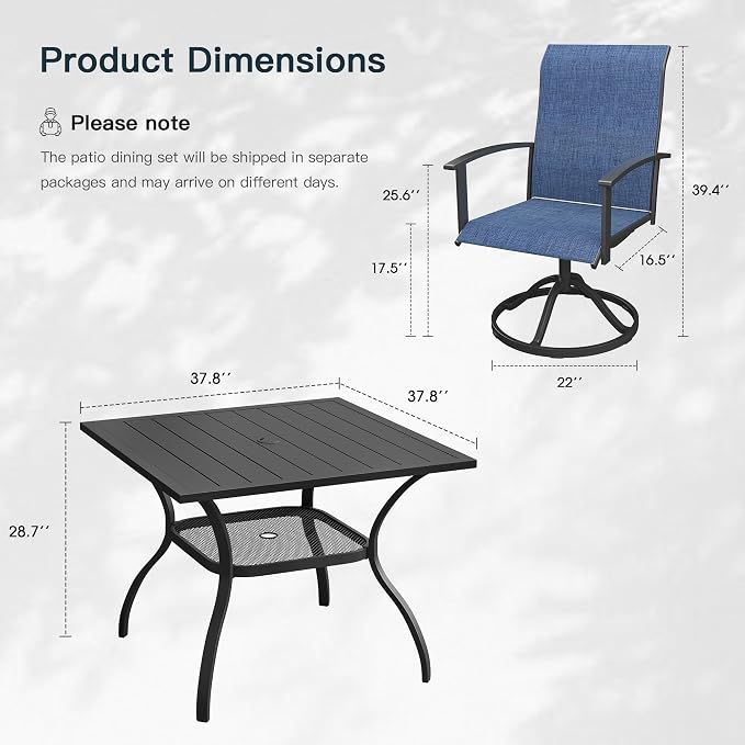 VICLLAX 5 Pieces Patio Outdoor Dining Set, 4 Swivel Textilene Chairs and 38" Square Metal Table with Umbrella Hole for Porch, Deck, Garden, Black/Dark Blue
