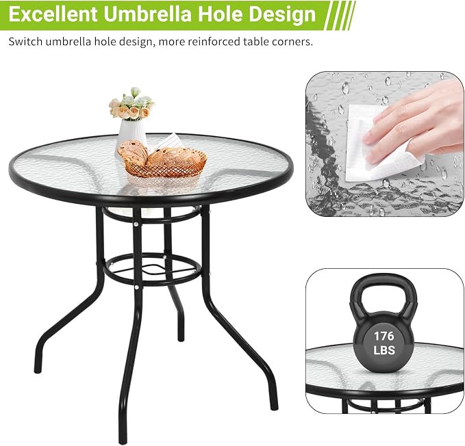 Outdoor Dining Bistro Table 32”Tempered Glass Patio Table, Round Patio Table with Umbrella Hole for Outdoor Dining Bars Garden Lawn Balcony Yard
