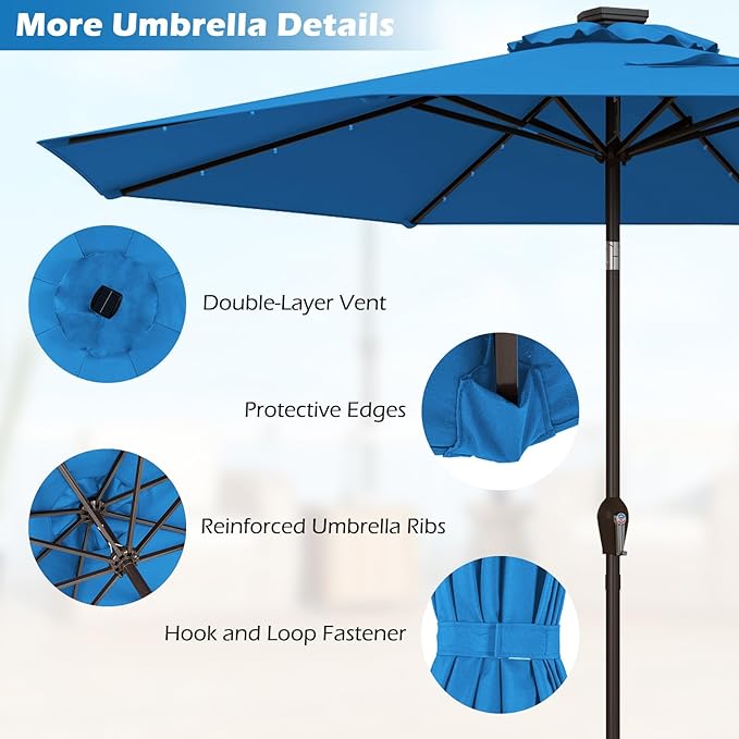 Giantex 9ft/10ft Outdoor Patio umbrella with Solar Lights, Table Market Umbrella with Crank and Push-button Tilt System, Solar LED Lighted Patio Umbrella for Backyard Deck Pool Beach
