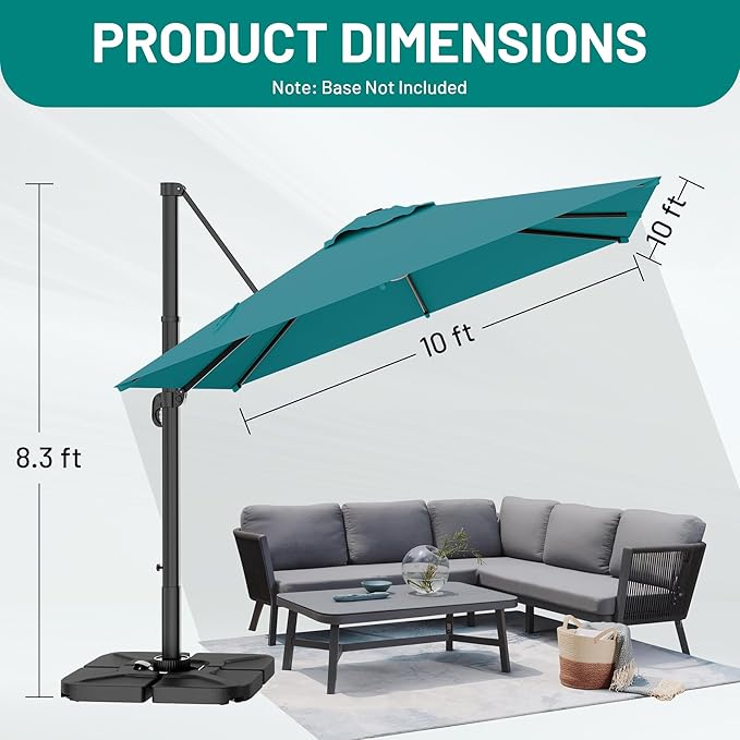 AreShark 10 X 10 FT Cantilever Patio Umbrella, 360-Degree Rotation Square Hanging Offset Umbrella with Crank, Heavy Duty Patio Umbrella for Patio, Pool, Garden, Deck, Lake Blue