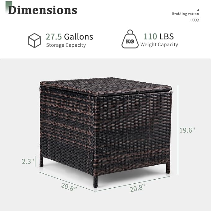 Patio Rattan End Table Square Container Outdoor PE Wicker Side Table with Storage for Furniture Covers Toys and Gardening Tools,Brown
