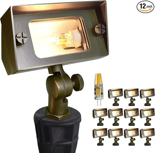 COLOER Brass Small Rectangular Flood Lights Outdoor 12 Pack with 3W 2700K Warm White LED G4 Bulb, 12V Low Voltage Landscape Outside Lights for House Illuminating Signs, Walls and Plant Material