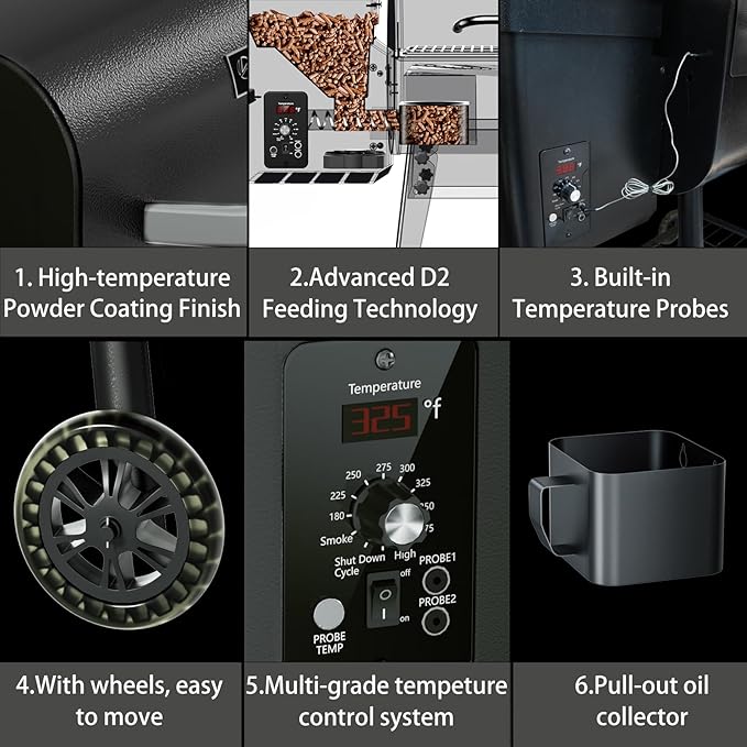 KingChii Electric Wood Pellet Grill & Smoker with Side Shelf, 456 SQ.IN Grill Capacity, 18LB Hopper, with PID Temperature Control (180-425°F) for Backyard Camping Bake and Roast, Black with Cover
