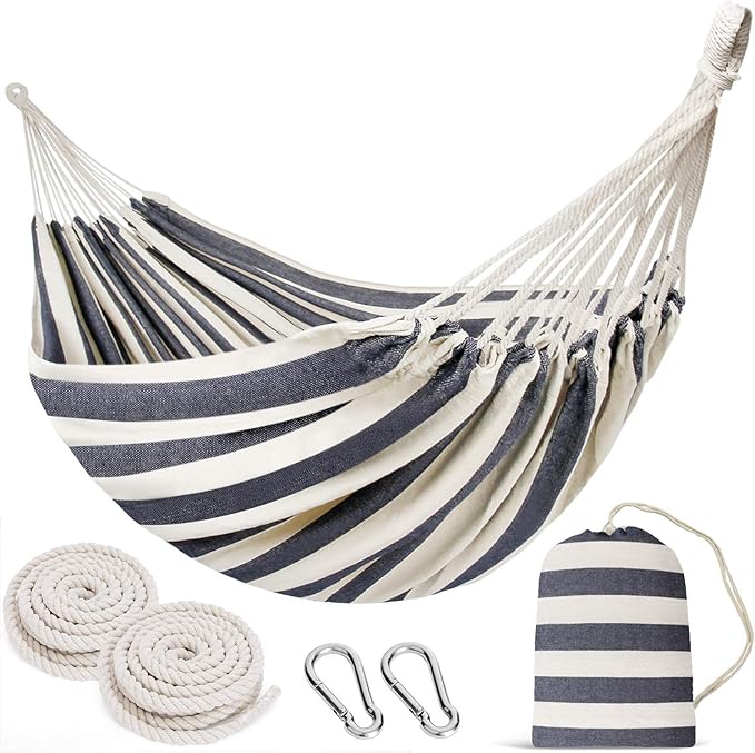 Double Size Travel Hammock with 2 Tree Swing Hanging Straps Canvas Hammock Rope 9.8 FT Each with Heavy Duty Carabiner Hooks Kit