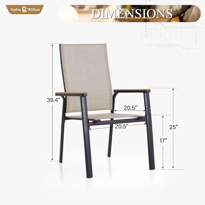 Sophia & William Patio Dining Chairs Set of 4, Stackable Aluminuum Frame | Beige textilene, Weather-resistant, light-weight & space-saving, Breathable & quick-drying, Outdoor deck backyard porch