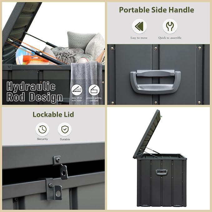 ChicFurnit Outdoor Storage Box, 100 Gallon Deck Box with Lockable Resin Lid & Portable Side Handles, Outdoor Storage Bin with Stable Support Rod, Soft Close Mechanism & Mobility Rollers, Dark Gray