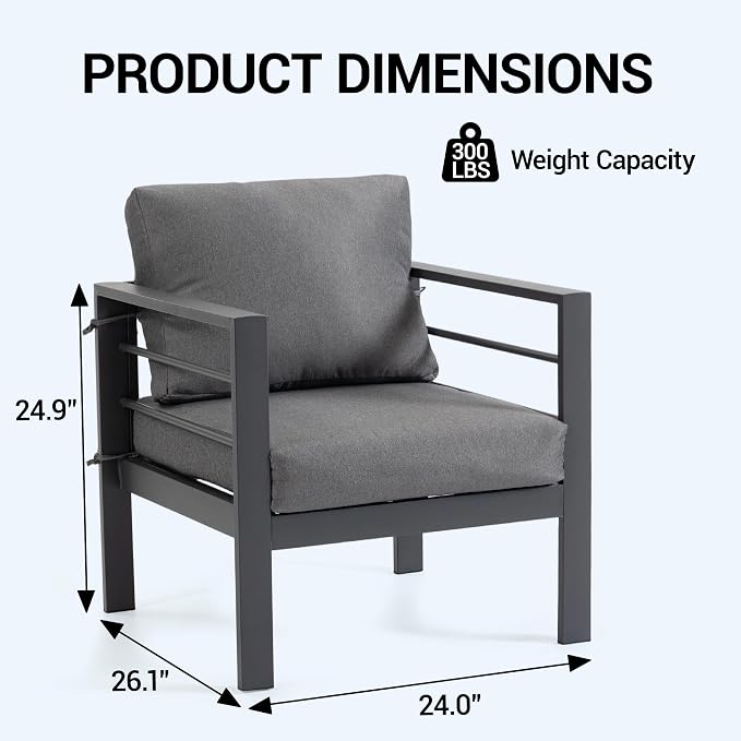 4-Piece All-Weather Metal Patio Furniture Set, Sectional Conversation Sofa w/Coffee Table, Heavy Duty Steel Frame & Washable Cushions for Backyard Garden (Grey, Armchair)
