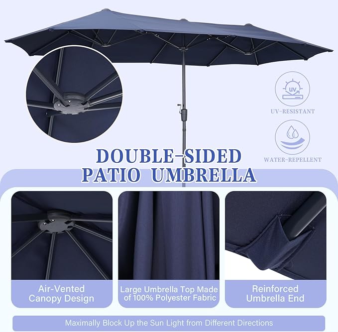 13 ft Patio Umbrella with Base, Large Rectangle Outdoor Umbrella with Matching Stand, Strap, Crank, Navy Blue