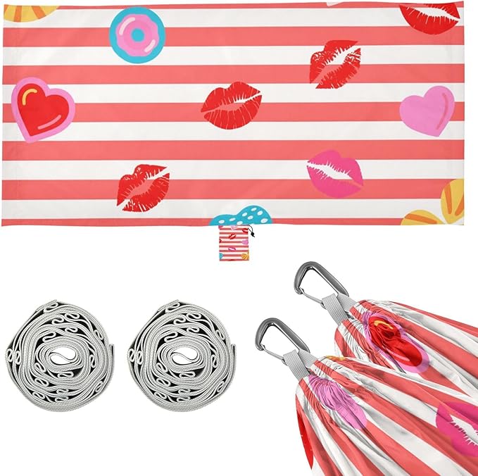Red White Striped Heart Lip Summer 330lb Capacity Hammocks with Hanging Rope Swing Hammock for Camping & Hiking Essential Silla colgante para Patio Exterior
