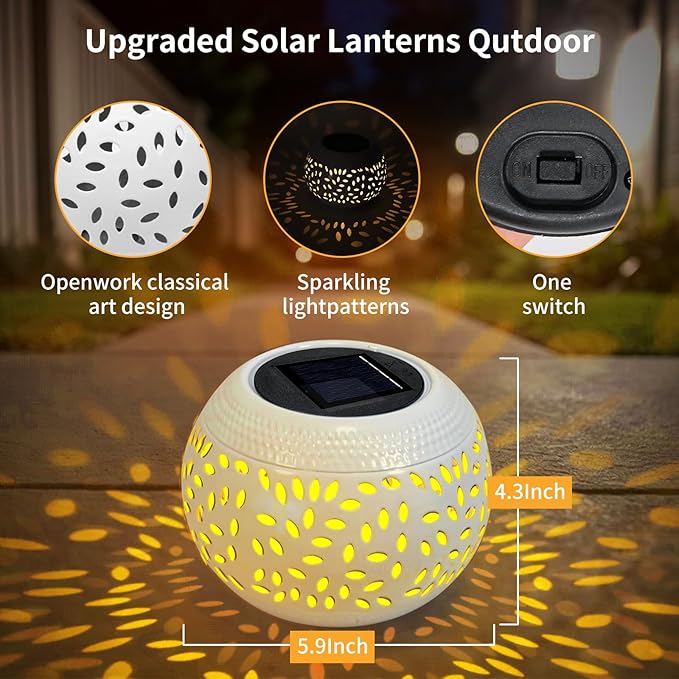 Solar Table Light Waterproof Outdoor & Indoor Lantern - White Metal Retro Hollowed-Out Flickering Flame Tabletop Lights for Desk/Bedroom/Patio/Garden, Solar Powered Lamp Pathway Yard Garden Decor