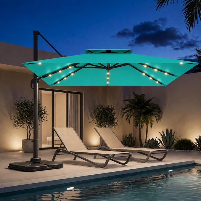 10FT Cantilever Patio Umbrella with Solar Lights, Large Outdoor 2 Tier Aluminum Offset Square Umbrellas 360 Degree Rotation for Garden Deck Pool