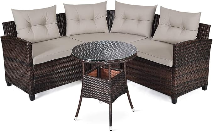 HAPPYGRILL 4 Pieces Curved Outdoor Sofa Set Rattan Wicker Patio Furniture Set with Coffee Table & Cushions Modern Conversation Set Curved Sofa Set for Garden Poolside Balcony