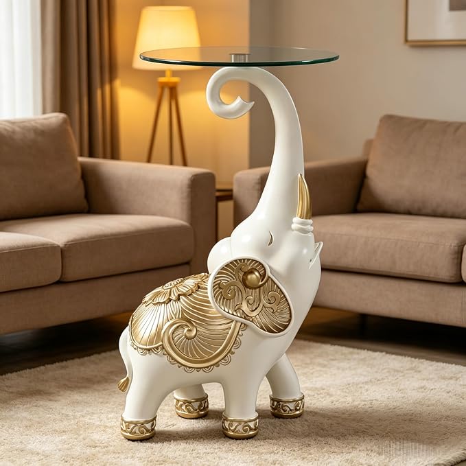 Elephant Side Table with Glass Top, White and Gold, 27.2 Inch