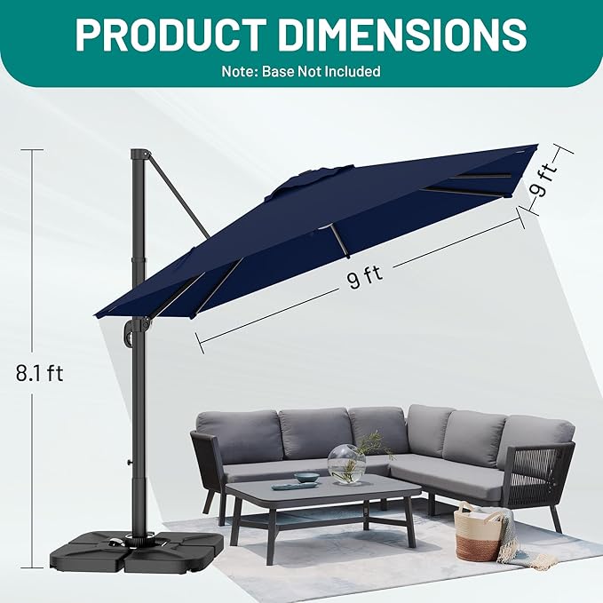 AreShark 9 × 9FT Square Cantilever Patio Umbrella with Base Included, 360° Rotation Offset Outdoor Umbrella, 5 Tilt Settings Heavy Duty Hanging Parasol for Deck Garden Pool, Navy