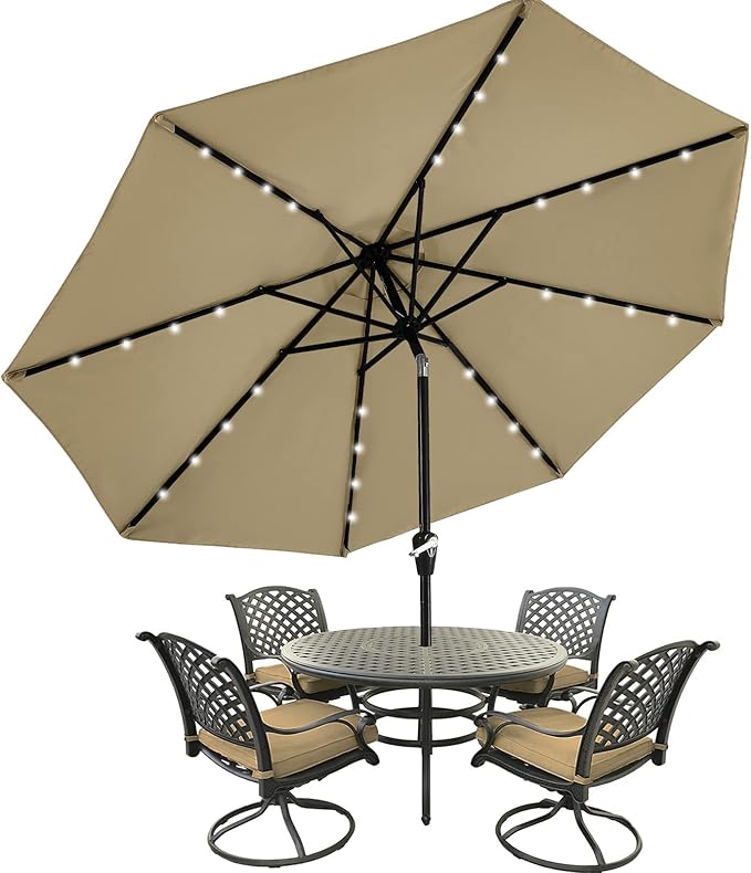 MASTERCANOPY 9FT 8Ribs Patio Umbrella with 32 Solar LED Lights, Outdoor Market Umbrella with Tilt & Crank, UV Protection & Fade Resistant Fabric, Easy Set-Up for Garden, Deck, Pool (Khaki)