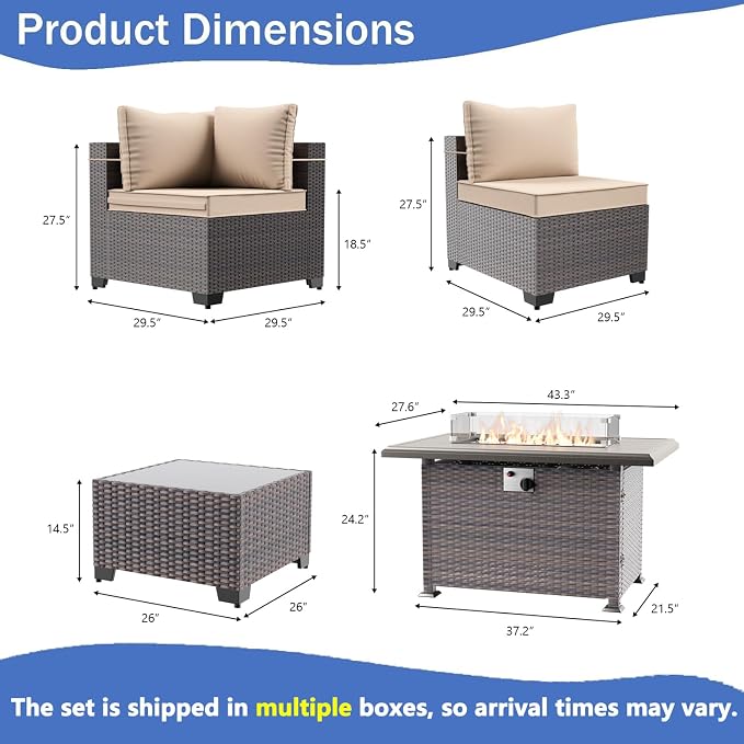10 Pieces Outdoor Patio Furniture Set,Outdoor Sectional Furniture with 43" 55000 BTU Gas Propane Fire Pit Table,All Weather PE Rattan Wicker Patio Conversation Set with 2 Ottomans,Sand