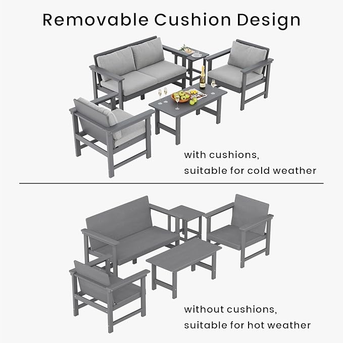 5-Piece Patio Conversation Sets, Weatherproof HDPE Sectional Furniture Set with Cushions, Outdoor Sofa Set for for Porch, Balcony, Deck, Lawn (Grey)