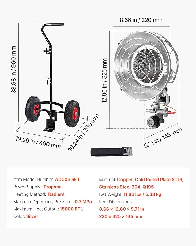 VEVOR Propane Tank Top Heater with Portable Trolley, 15000 BTU Rapid Heating 180-Degree Infrared Radiant Tank Top Gas Heater for 20-40lb Propane Tanks, for Ice Fishing/Hunting/Outdoor Single Burner