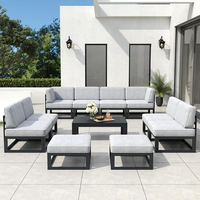 11 Pieces Aluminum Patio Furniture Set with Coffee Table, Metal Outdoor Conversation Sofa Set witVah Seating Cushions