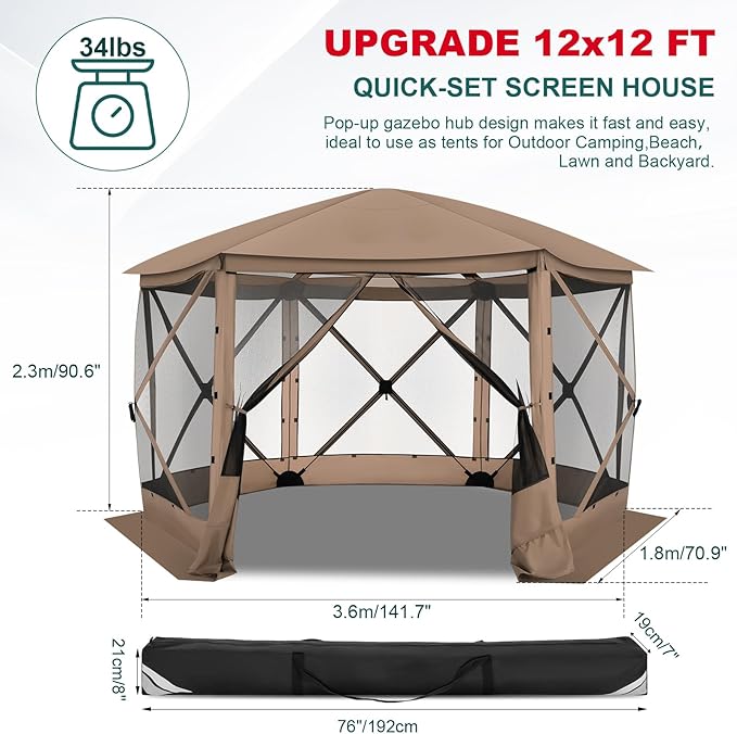 COBIZI 12x12 FT Pop Up Canopy Stargazing Tent, Gazebos On Clearance with Removable Roof, Screened in Gazebo, Screen Tents Portable carpas para Patio for Outdoor Camping,Backyard, Garden, Khaki(Pro)