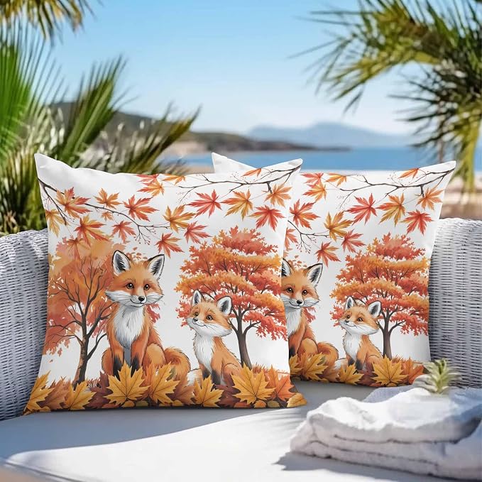 Orange Fox Outdoor Waterproof Pillow Covers, Thanksgiving Maple Leaves Autumn Trees Decorative Square Throw Pillowcase Sofa Cushion Sham for Patio/Couch/Chair, 26"x26" 2 Pack
