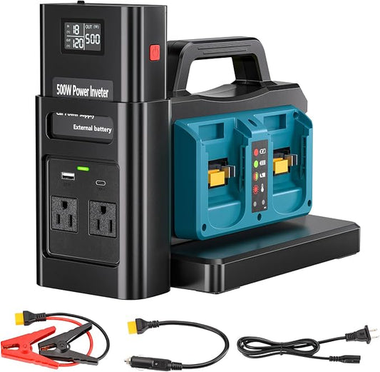 Adisipsoarin 500W Pure Sine Wave Power Inverter for Makita 18V Battery, 4-Ports DC 18V to AC(2 Outlets) 120V Car Charger Plug Inverter Adapter Converter for Camping, Travel, Emergencies(Tool Only)